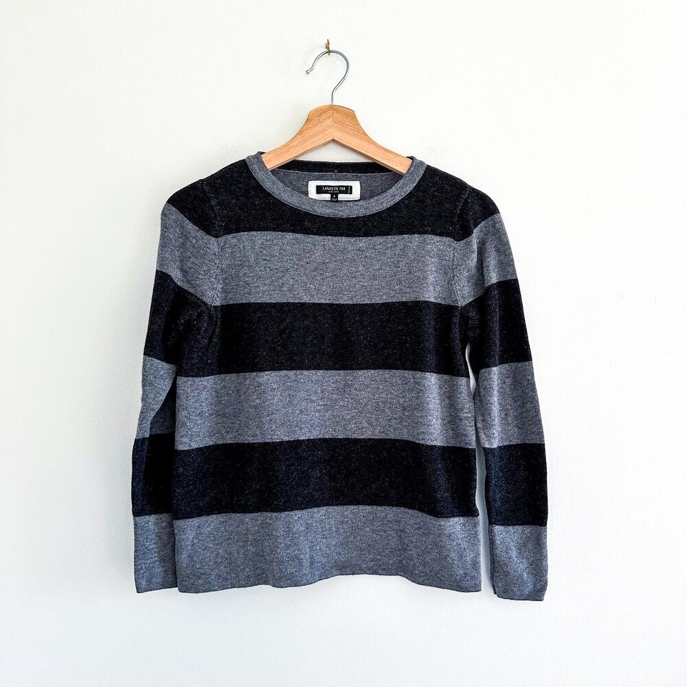 Lafayette 148 Cashmere Blend Crew Neck Long Sleeve Stripe Sweater Gray Black P